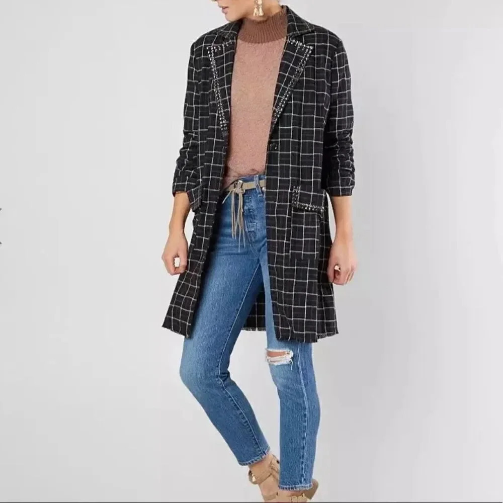 Gimmicks by BKE plaid embellished long jacket Blazer Navy Women’s size S